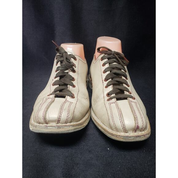 Vintage Brunswick Tan Leather Brown Grommets Split Toe Bowling Shoes Travel Bag - Picture 4 of 14